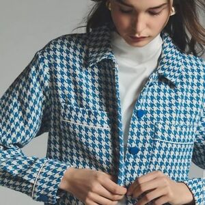 Anthropologie DOLAN Houndstooth Jacket XS Blue White Tweed Feel Cropped